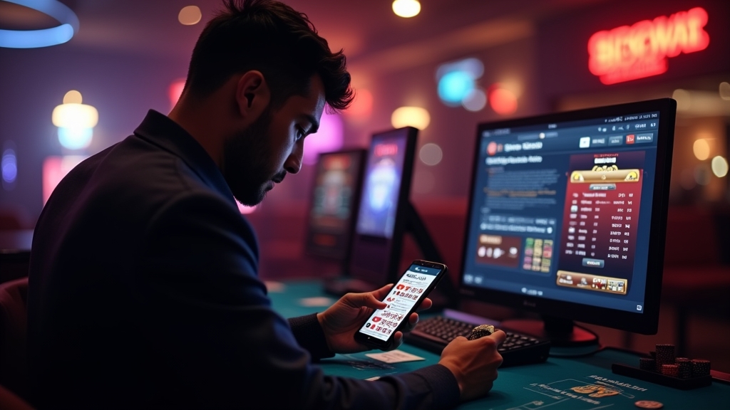 Spieler liest Auszahlungserfahrungen auf dem Smartphone im Casino-Umfeld