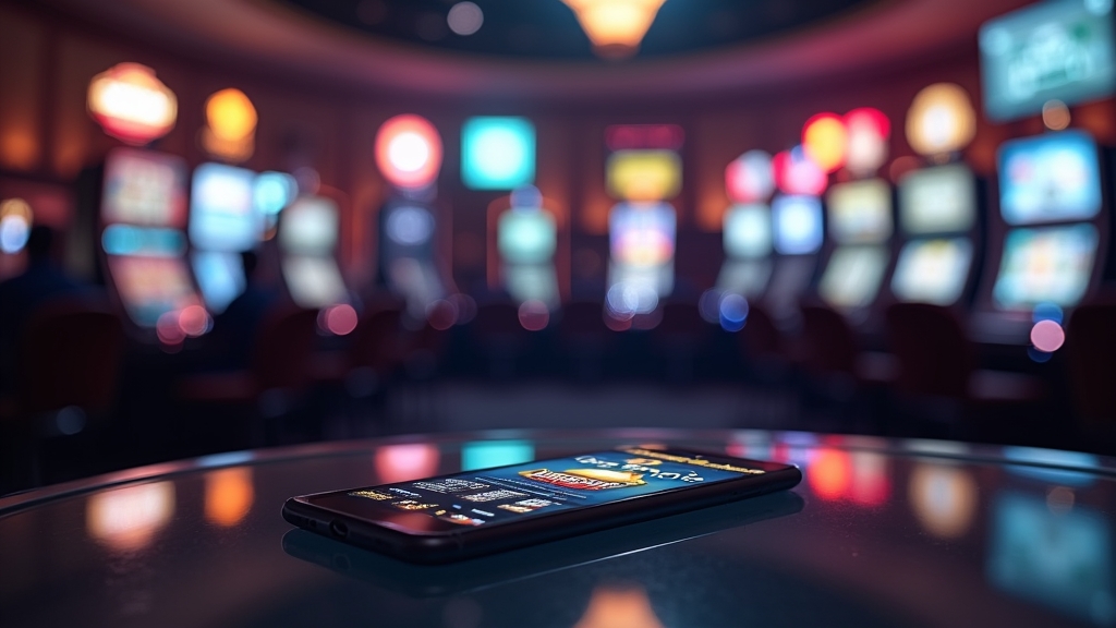 Smartphone zeigt den Download der Fresh Casino App im dunklen Casino-Ambiente
