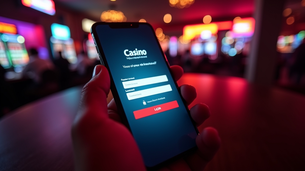 Smartphone mit Registrierungsmaske der Fresh Casino App in dunkler Casino-Atmosphäre