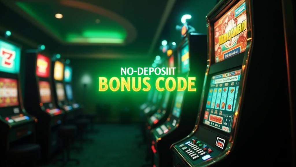 Dunkles Casino mit leuchtendem Bonuscode und Slotmaschine für ein No-Deposit-Angebot