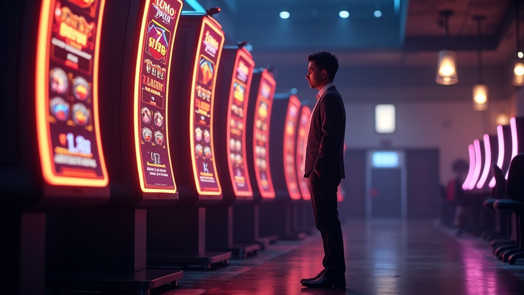 Ein Spieler testet einen Slot im Demo-Modus in einer dunklen Casino-Atmosphäre