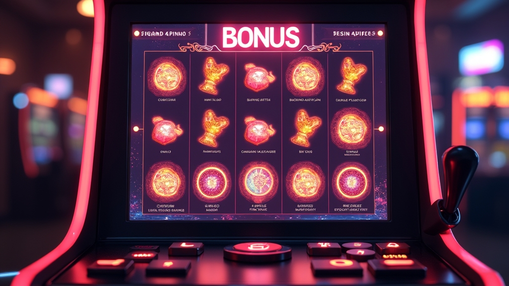 Bonus-Symbole und Freispiele auf einem leuchtenden Spielautomaten in dunkler Casinooptik