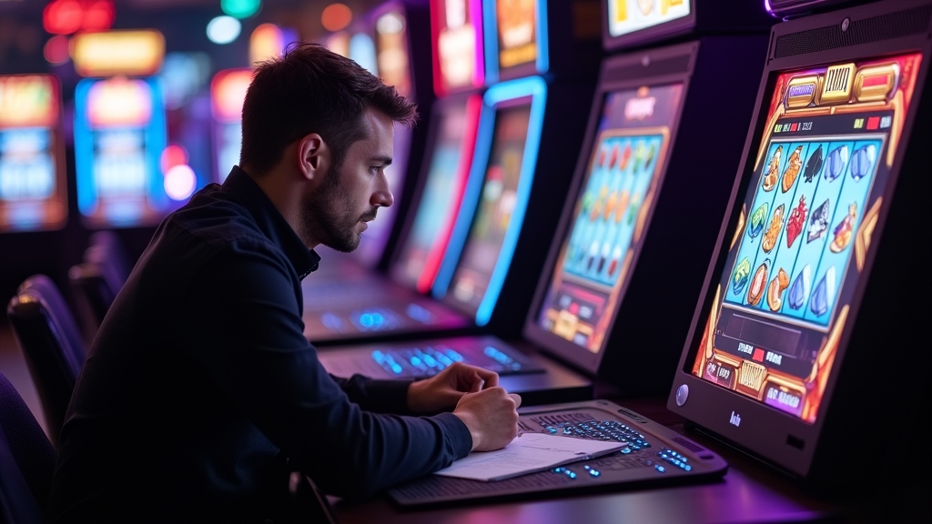 Spieler übt mit mehreren Demo-Slots und macht sich Notizen in dunkler Casinoatmosphäre